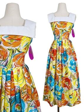 Algo Vintage A-Line Dress Floral Collar Sleeveless Summer Formal Size Small